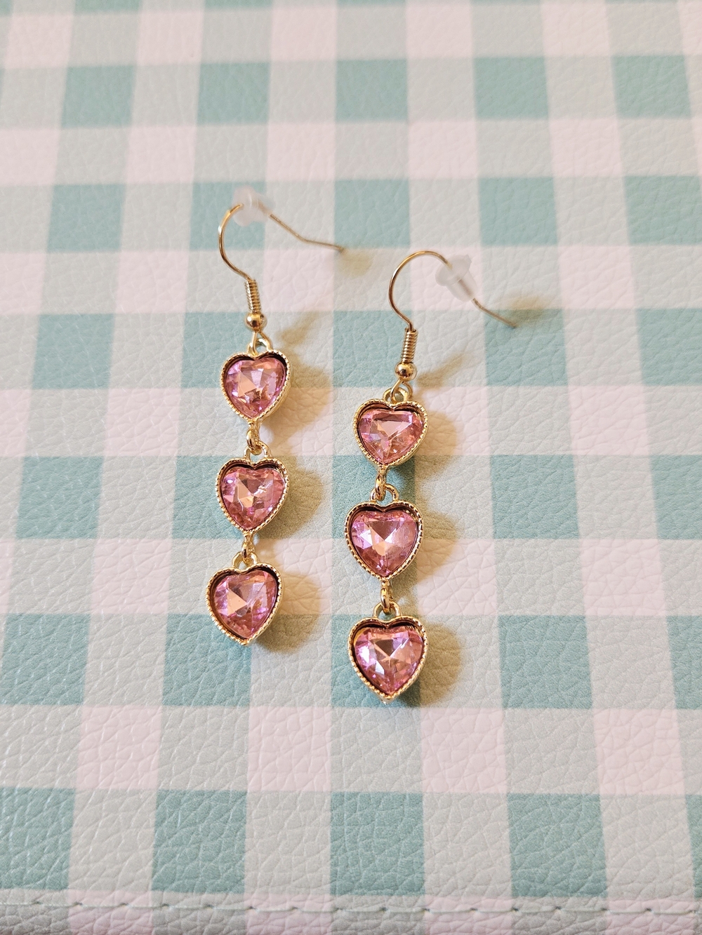 Gold-Tone Pink Heart Drop Earrings - Pink Crystal Dangle